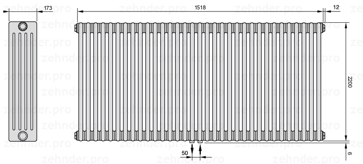 Схема (чертеж) Радиатор Zehnder Charleston 5220/33 №5410 Белый глянцевый RAL 9016